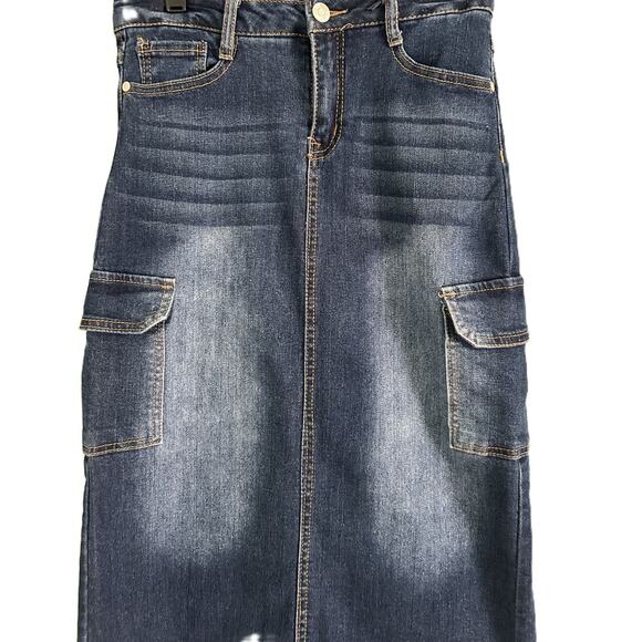 NWT Wallflower Girl Dark Denim Girls Maxi Cargo Skirt w/ Fading Back Split-12 - Picture 2 of 7